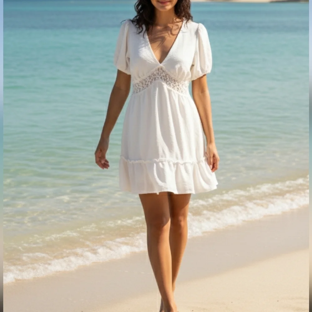 Liberty Love Boho White Summer Dress L | Ruffle Hem Bubble Sleeve Midi